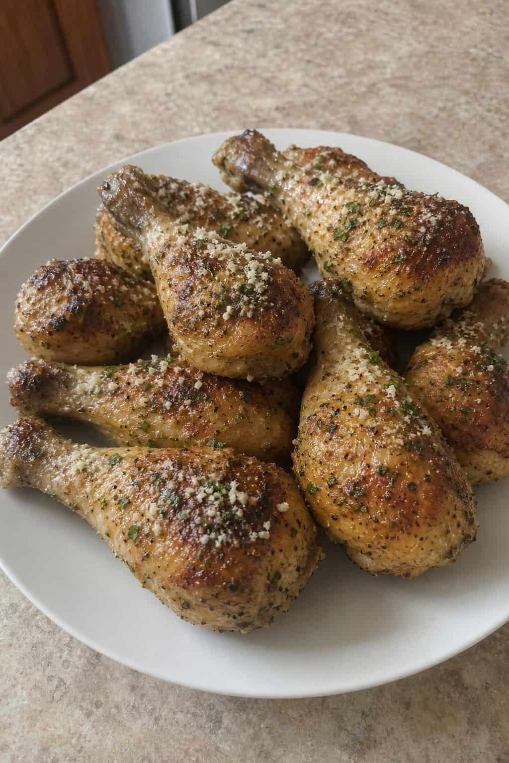 Crispy golden-brown Parmesan garlic roasted chicken drumsticks topped with bright green parsley on a white plate, with small ramekins of minced garlic and grated Parmesan on a warm wood table.