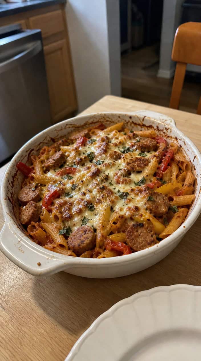 A baked pasta dish with sausage and bell peppers in a ceramic dish on a wooden table.