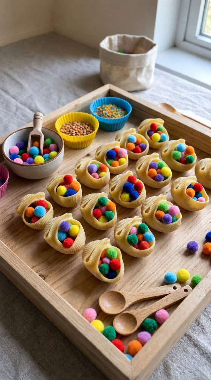 Close-up of large pasta shells filled with colorful pom-poms arranged on a wooden surface with sensory play materials nearby.
