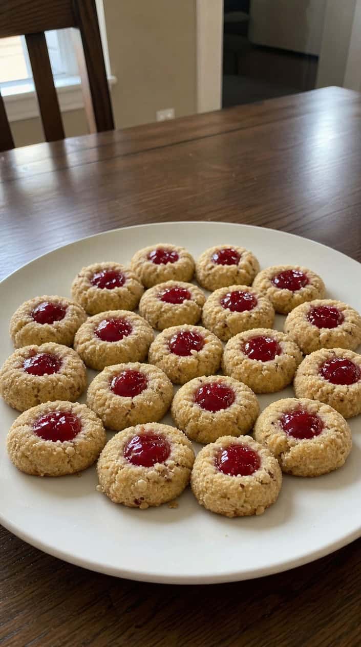 A plate of cherry-almond thumbprint cookies with red jam centers on a wooden table, surrounded by small patriotic decorations.