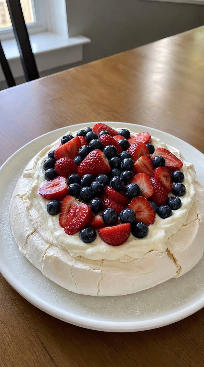 A pavlova dessert topped with whipped cream, strawberries, and blueberries on a white plate.