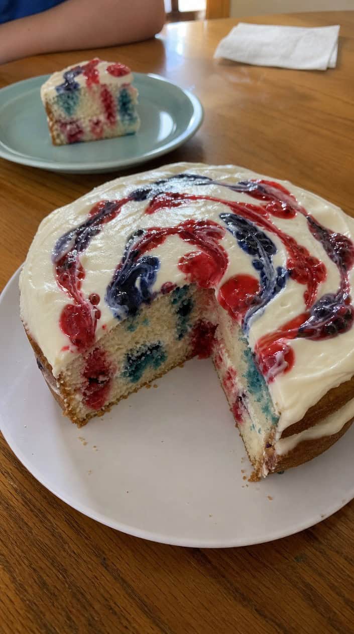 A round cake with red and blue berry swirls on white frosting, surrounded by fresh berries on a wooden table.