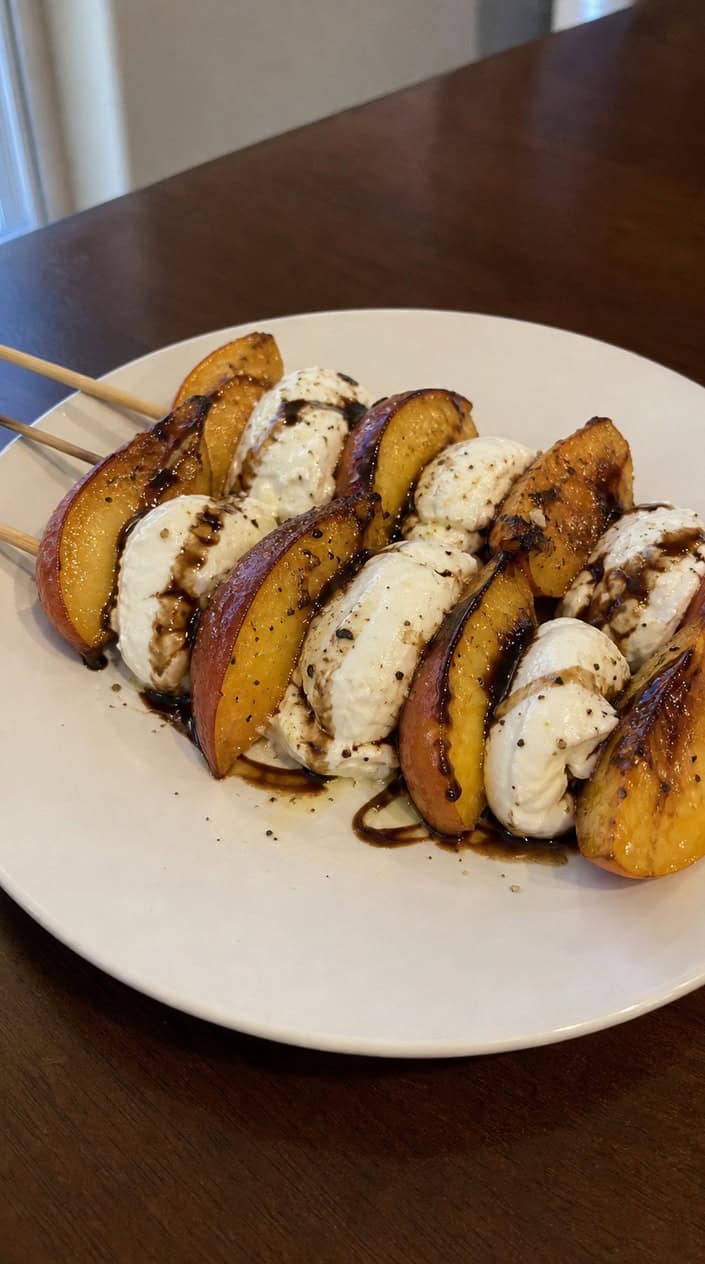 Close-up of peach and burrata cheese skewers drizzled with balsamic glaze on a wooden board with basil leaves.