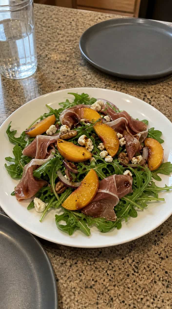 A bowl of peach and prosciutto arugula salad with balsamic glaze on a wooden table.
