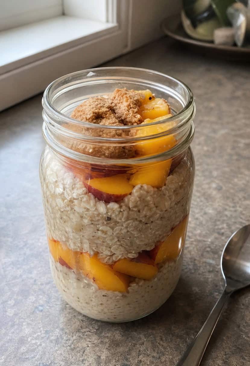 A mason jar filled with peach cobbler overnight oats surrounded by fresh peaches and cinnamon sticks on a wooden table