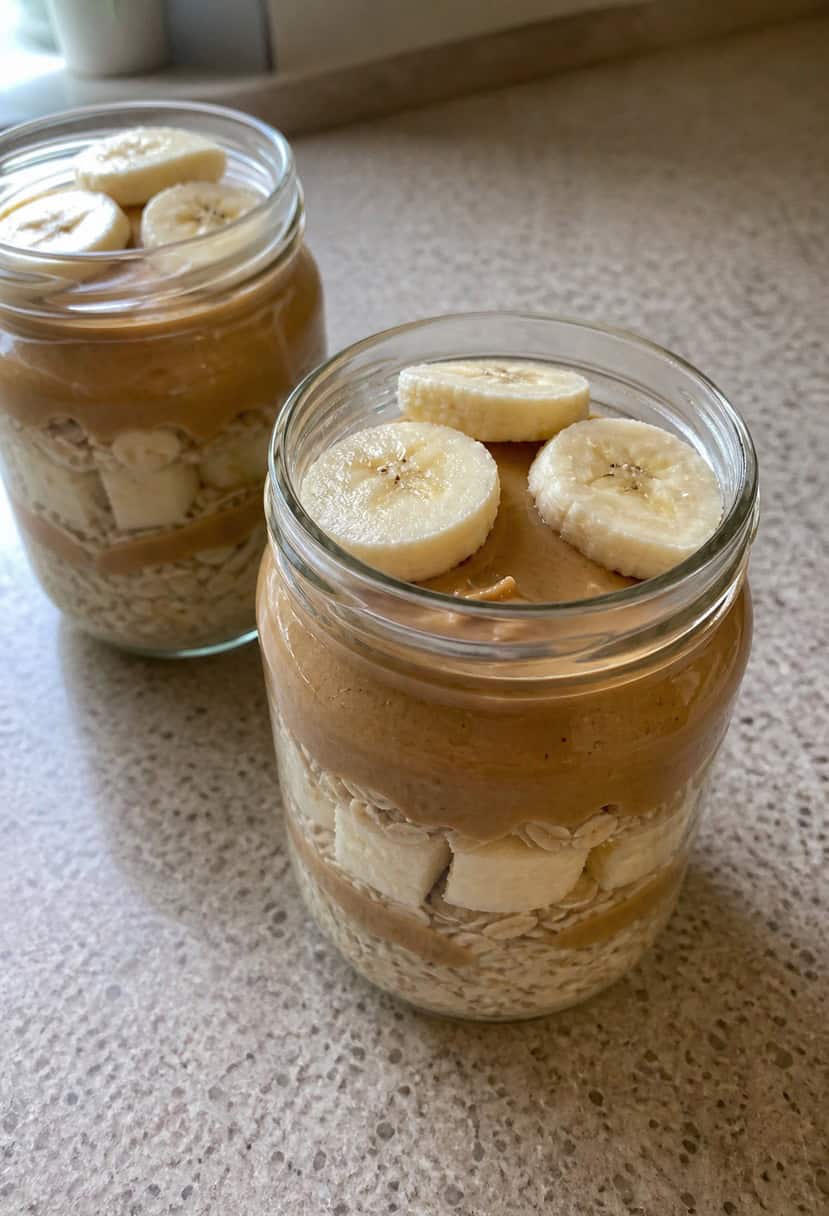 A mason jar filled with layers of oats, peanut butter, and sliced bananas, surrounded by scattered oats and a spoon