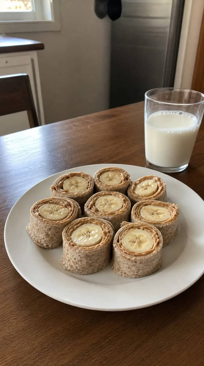 A plate of peanut butter banana roll-ups sliced and arranged on a table with bananas, peanut butter, and a glass of milk nearby.