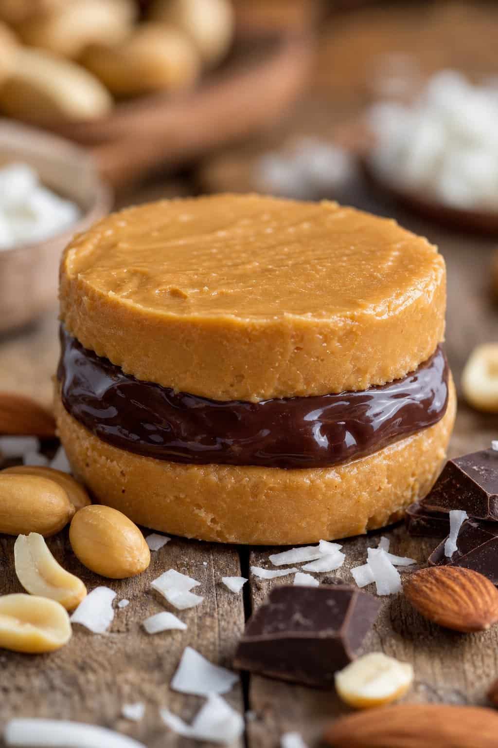 Two-layer peanut butter and chocolate fat bomb sandwiches on a wooden surface, showing a pale tan peanut butter base and a dark brown cocoa top layer, with a few whole peanuts and a piece of dark chocolate nearby.