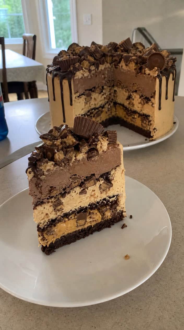 A sliced peanut butter cup ice cream layer cake with visible chunks of chopped Reese's peanut butter cups on a white plate.