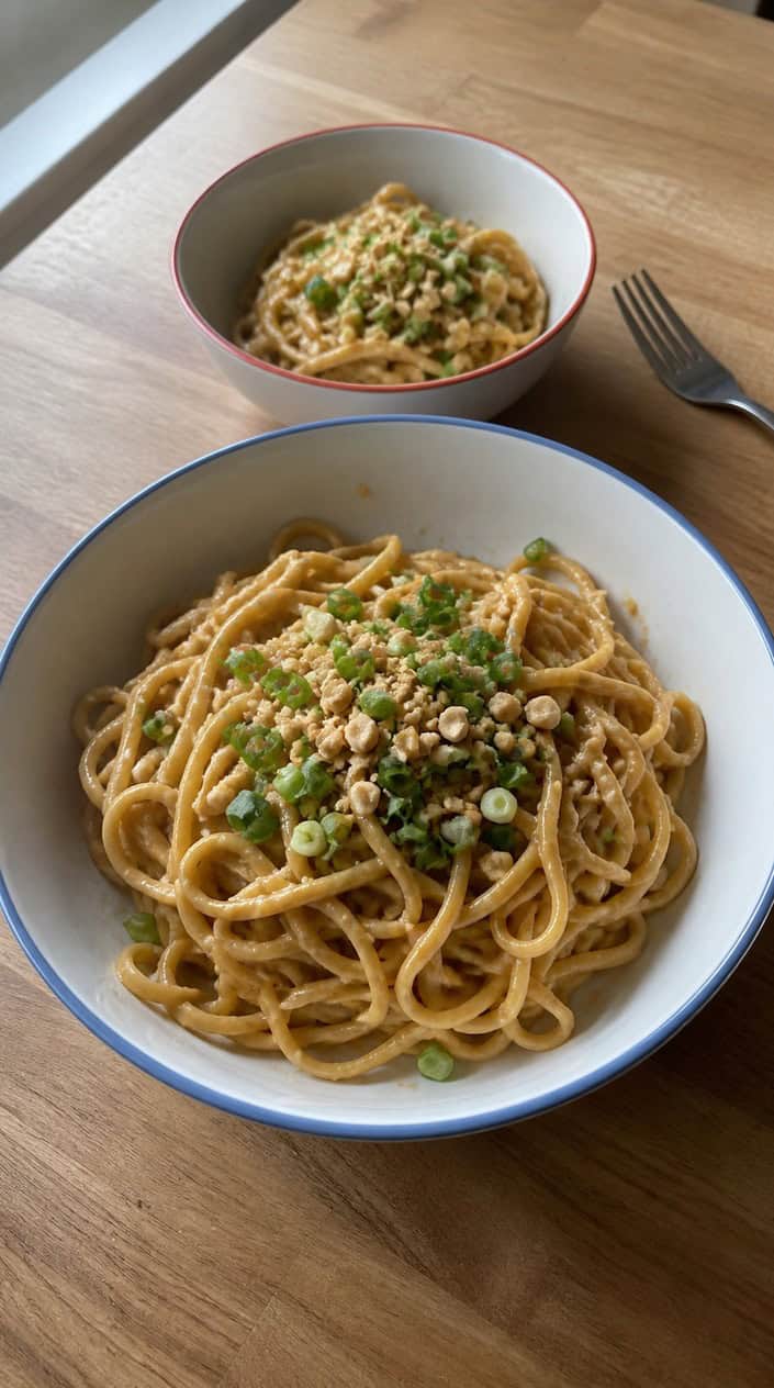 A bowl of long noodles coated in a warm tan peanut butter sauce, topped with thin green onion slices and a few crushed peanuts on a wooden table