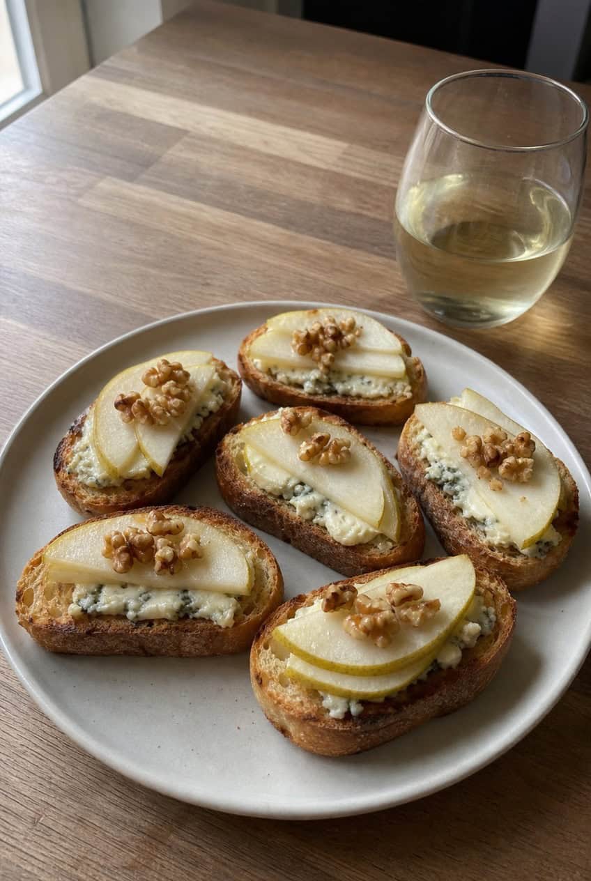 Toasted baguette rounds on a wooden surface, each topped with a thin pear slice, a crumble of white-blue cheese, and chopped walnuts, with a light drizzle of honey visible.