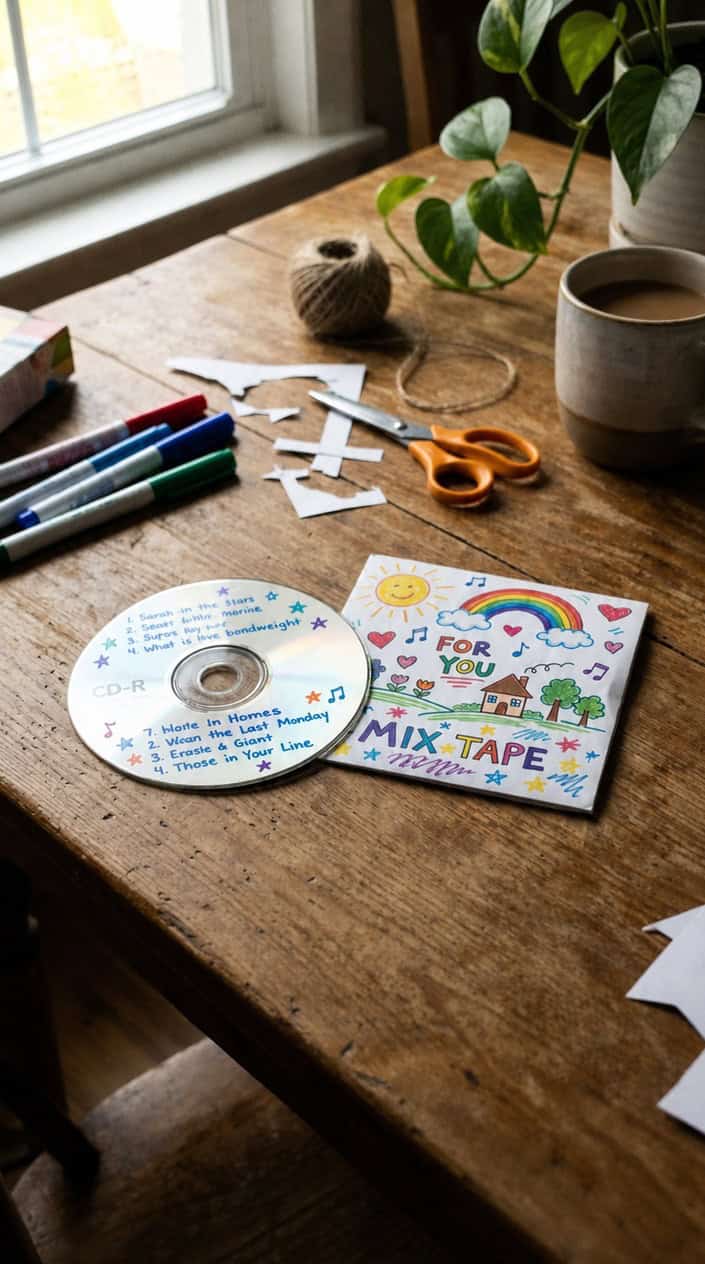 A personalized music CD with a handmade cover featuring colorful drawings on a wooden table surrounded by craft supplies.