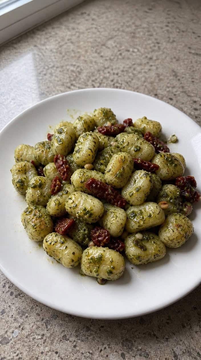 Gnocchi generously coated in deep emerald basil pesto with chewy amber sun-dried tomato pieces, crowned with shaved Parmesan and a few small fresh basil leaves on a rustic ceramic plate.