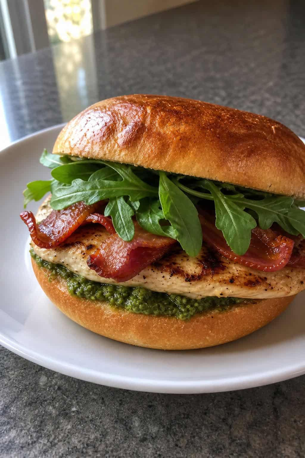 A grilled chicken sandwich with crispy bacon strips, a handful of arugula, and bright green pesto on a toasted bun, placed on a wooden board