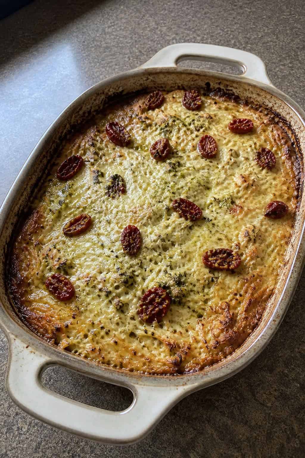 A casserole dish filled with golden hashbrown casserole containing chicken, pesto, and sun-dried tomatoes on a wooden table with basil leaves nearby.