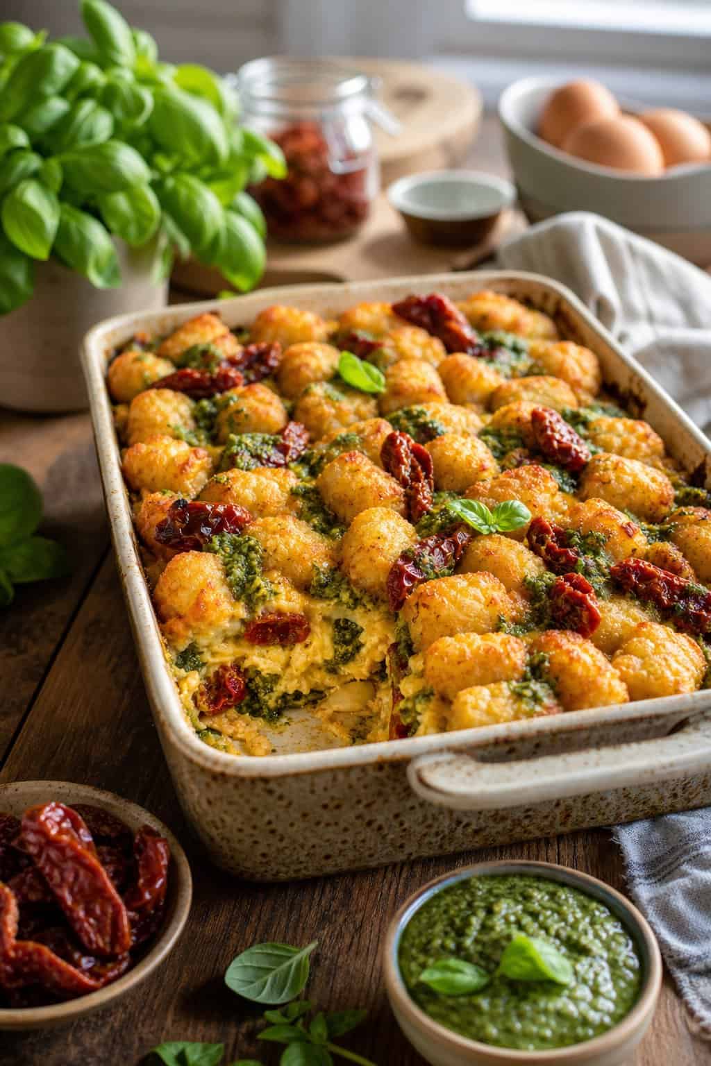 A breakfast casserole topped with crispy tater tots, pesto, and sundried tomatoes in a baking dish on a wooden table.