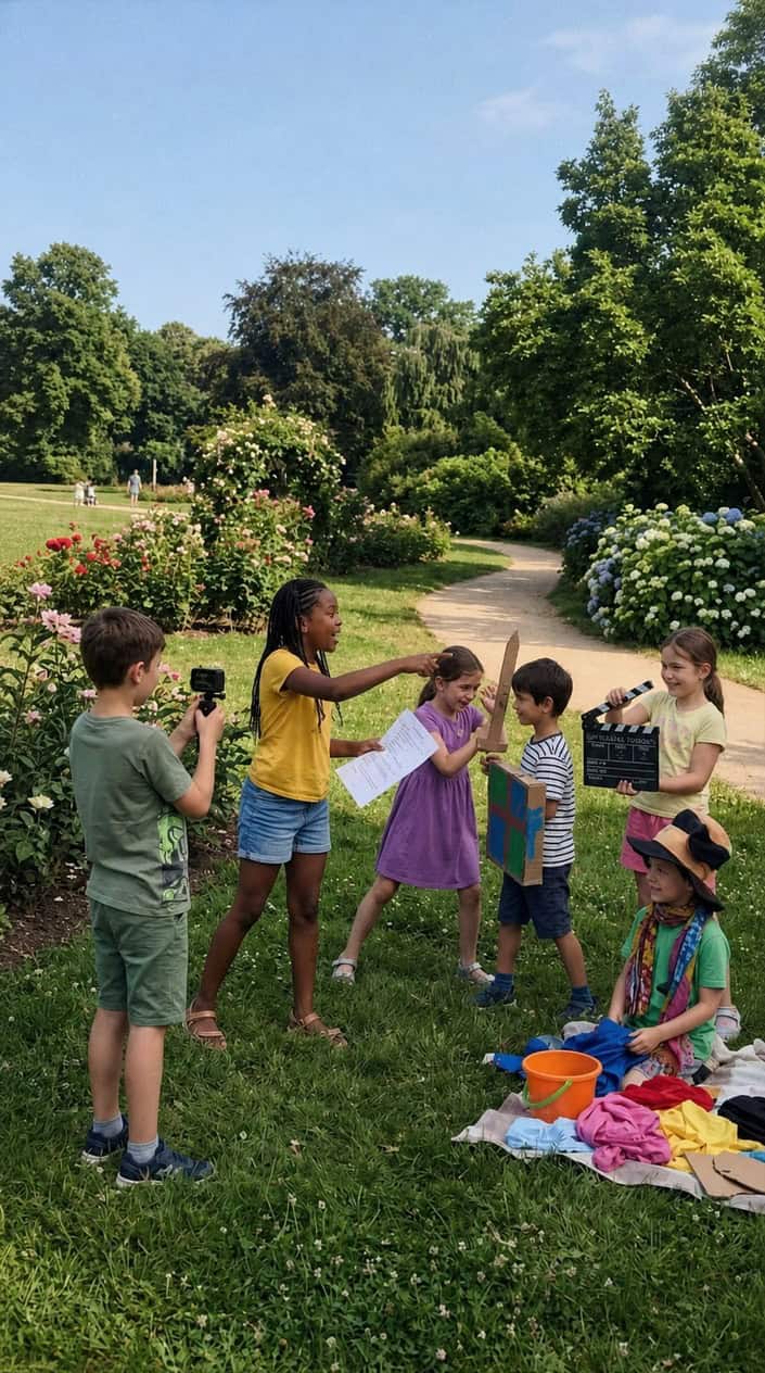 A group of children directing a mini-movie outdoors on a sunny summer day, working together with a camera and props in a green park.