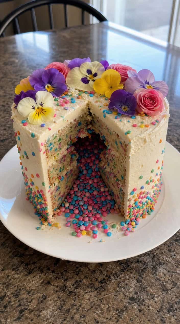 A colorful pinata cake topped with assorted edible flowers on a neutral background.