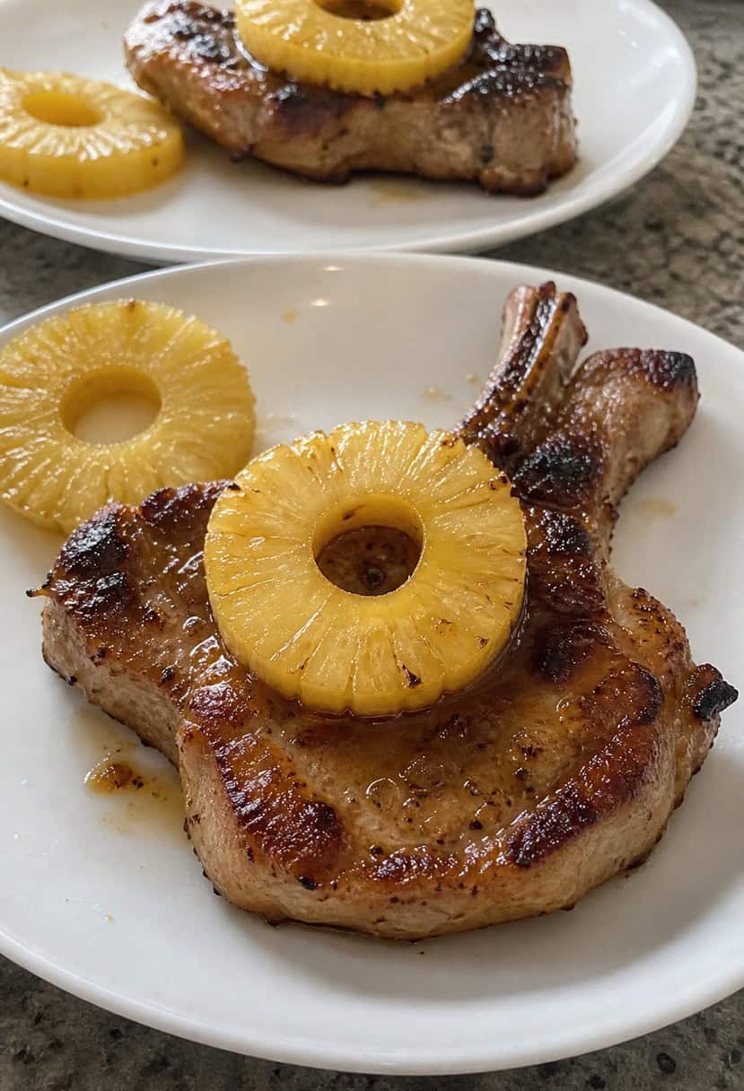 A sizzling pork chop with a pineapple ginger glaze cooking on a hot grill