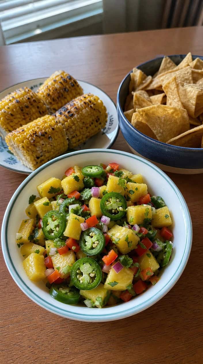 A bowl of pineapple-jalapeño salsa on a wooden table surrounded by tortilla chips and grilled corn, set outdoors with a barbecue cookout in the background.