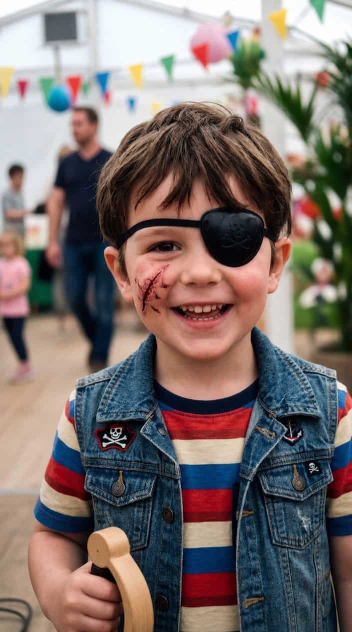 A child wearing a pirate eye patch and a painted scar on their cheek, smiling.