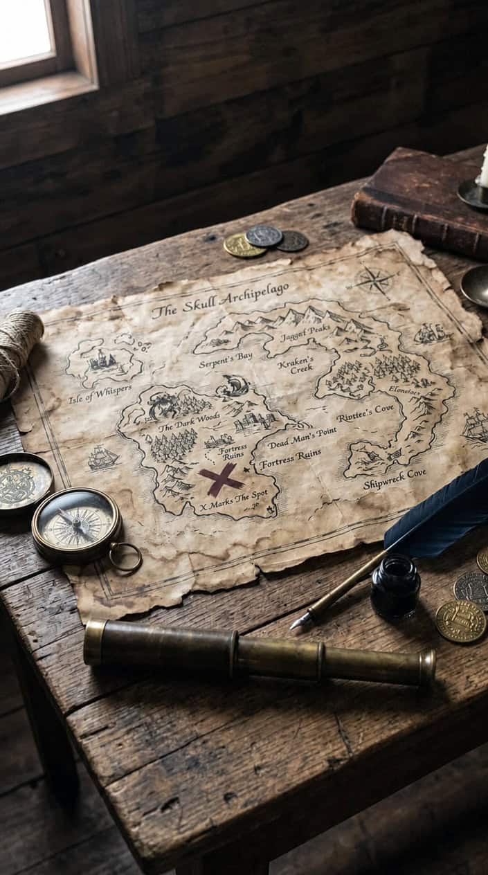 A weathered pirate treasure map with a red X marking the spot, laid out on a wooden table with a compass and spyglass nearby.