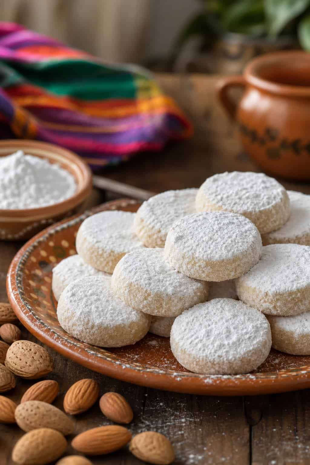A plate of powdered Mexican wedding cookies on a wooden table with almonds and a bowl of powdered sugar nearby.