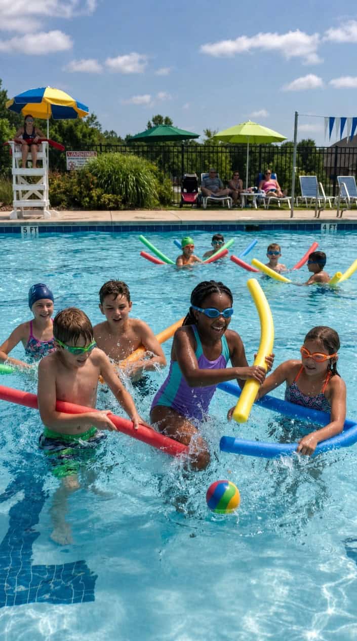 Children in a backyard pool holding foam pool noodles aloft, faces splashed with water, laughing mid-game on a bright sunny afternoon.