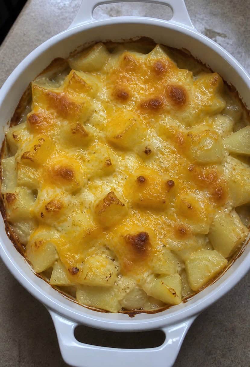 A rustic kitchen with a bubbling potato casserole in a ceramic dish surrounded by fresh potatoes, herbs, and cooking utensils