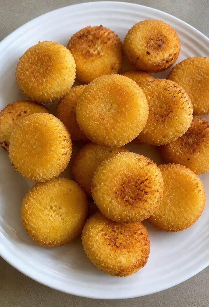 A plate of golden potato croquettes surrounded by fresh herbs and a sprinkle of seasoning