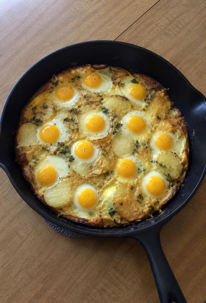 A sizzling potato frittata cooks in a cast iron skillet, surrounded by fresh herbs and colorful vegetables
