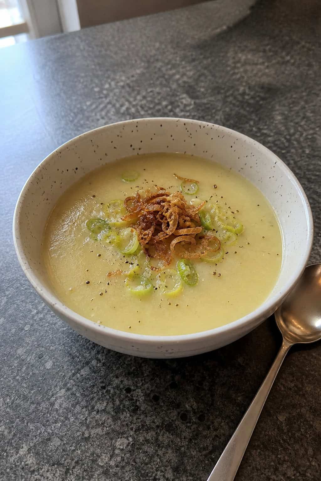 A bowl of creamy potato-leek soup topped with crispy shallots on a wooden table with fresh leeks and potatoes nearby.