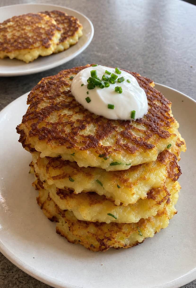 A stack of golden brown potato pancakes surrounded by fresh herbs and a dollop of sour cream
