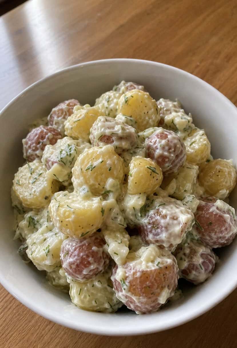 A picnic table with a bowl of potato salad surrounded by 25 different types of potatoes and various ingredients