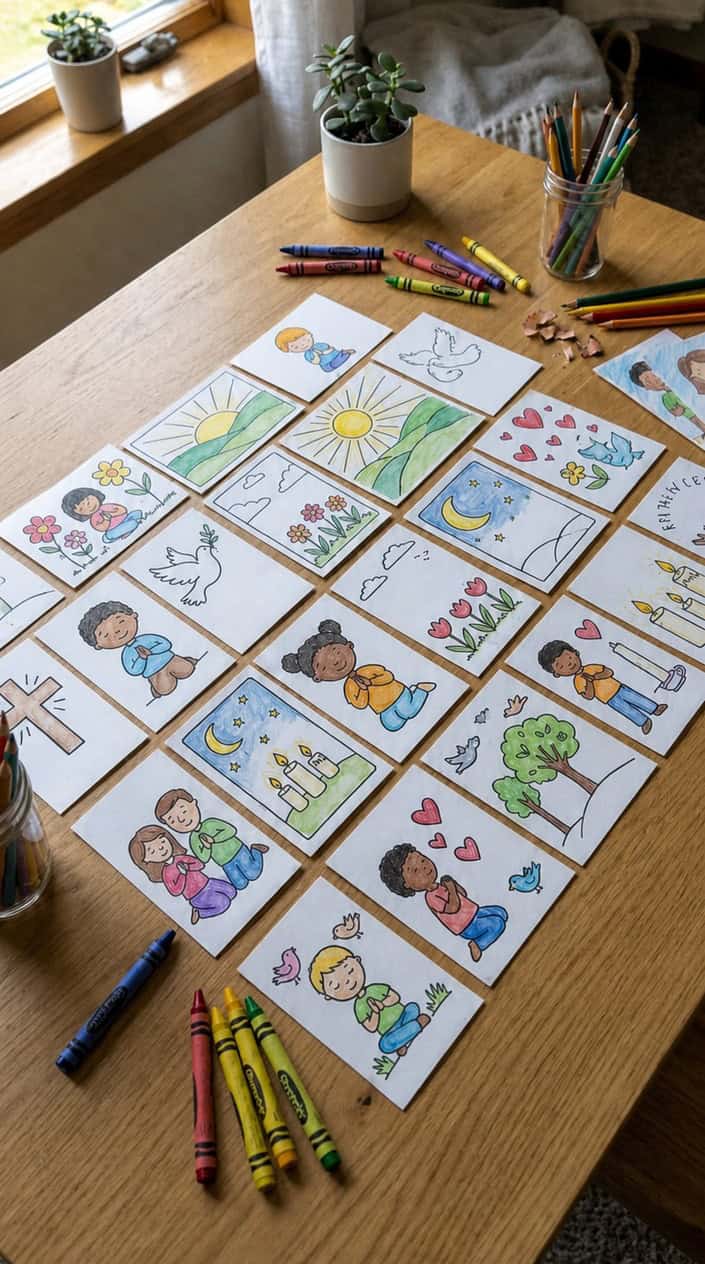 A collection of colorful prayer time coloring cards with simple blessings spread out on a table alongside crayons and colored pencils.