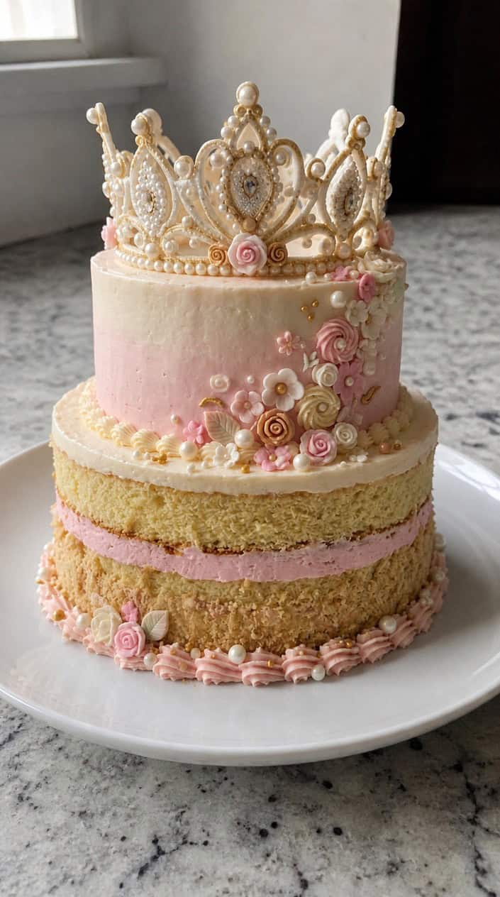 A pink and white princess tiara sponge cake decorated with edible pearls and flowers on a birthday party table.