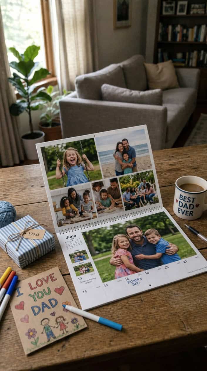 A printed photo calendar open on a table showing family photos, surrounded by small gift items like a wrapped present and a coffee mug.