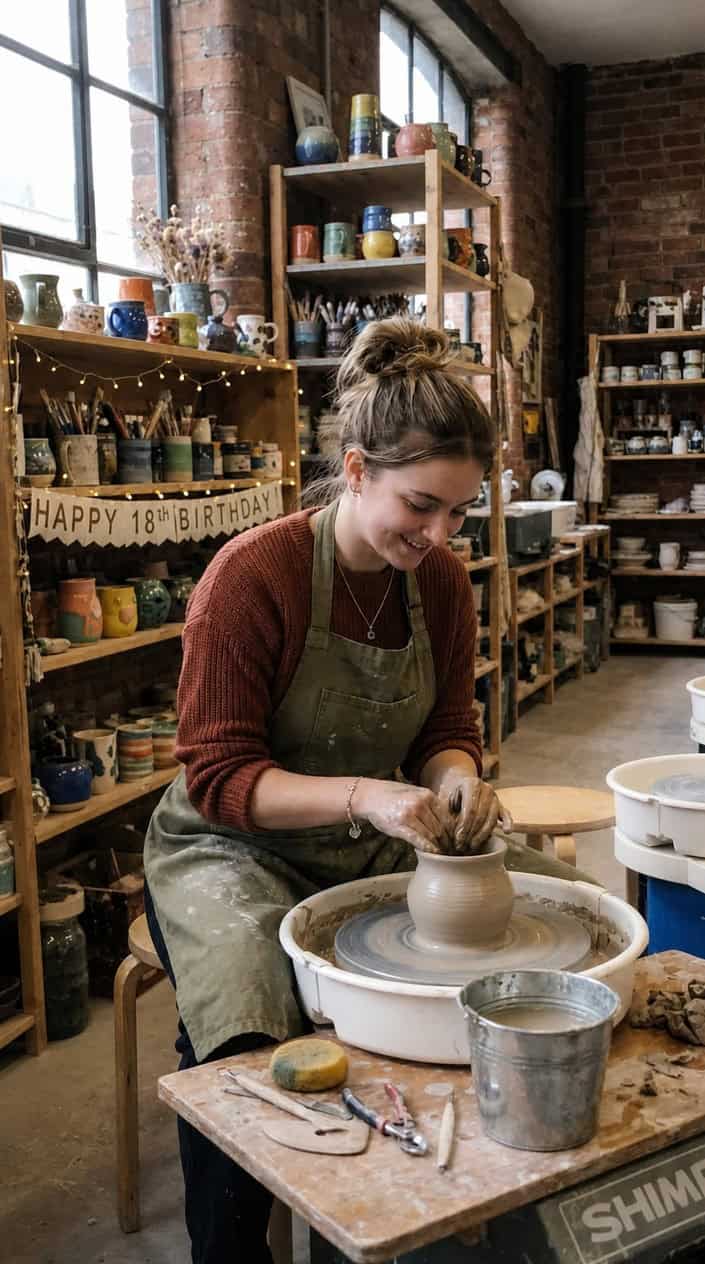 A young woman shaping clay on a pottery wheel in a cozy studio during a private pottery session.