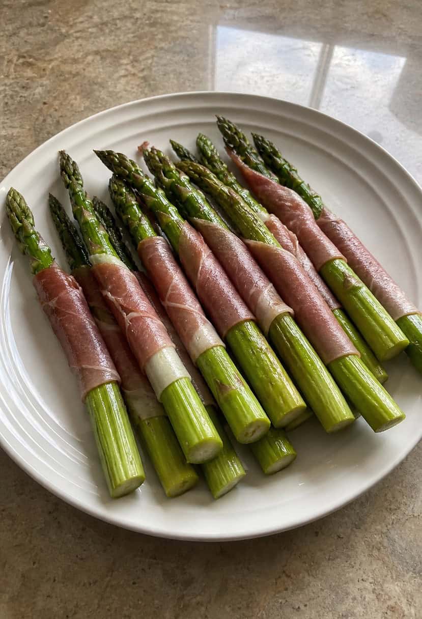 Asparagus spears wrapped in prosciutto arranged on a serving platter with garnishes