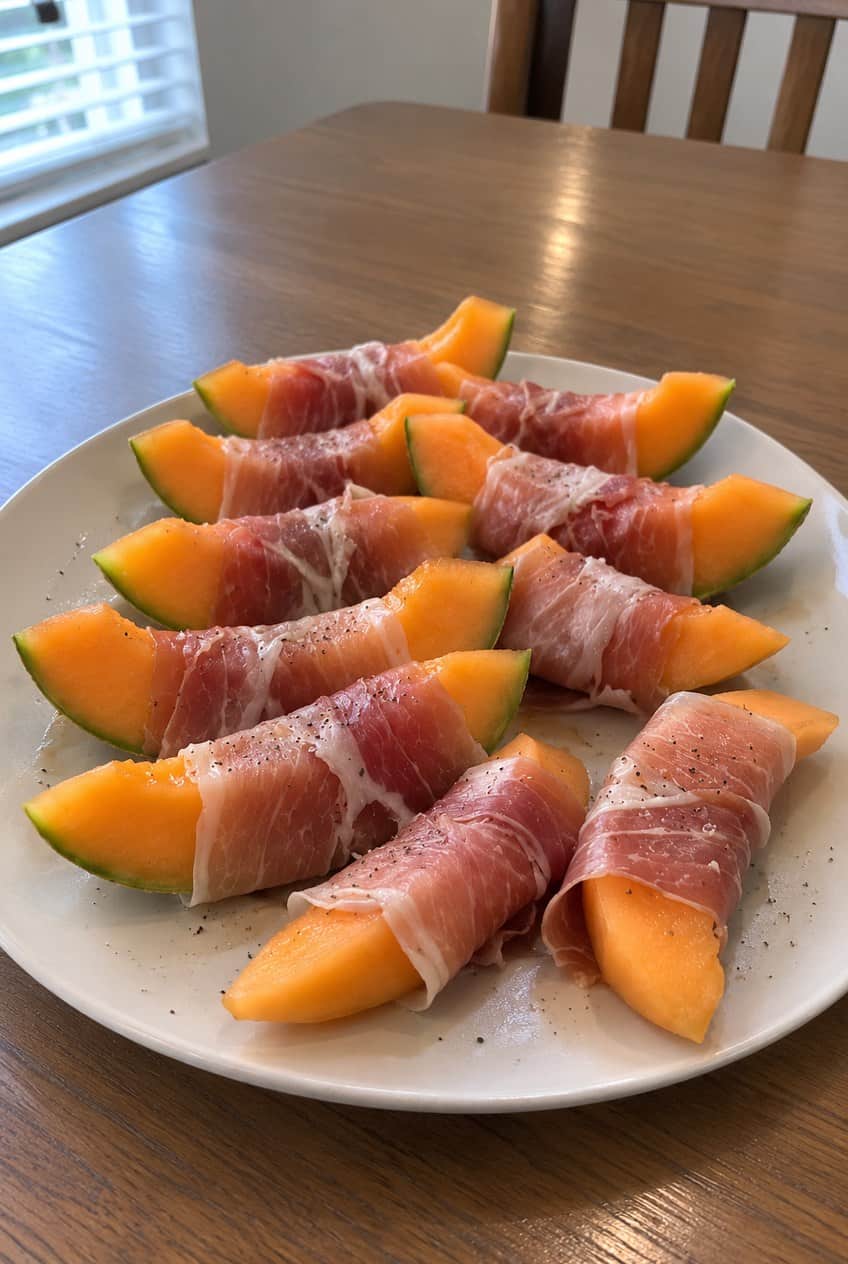 A wooden board of cantaloupe wedges wrapped in thin ribbons of prosciutto, garnished with scattered fresh basil leaves.