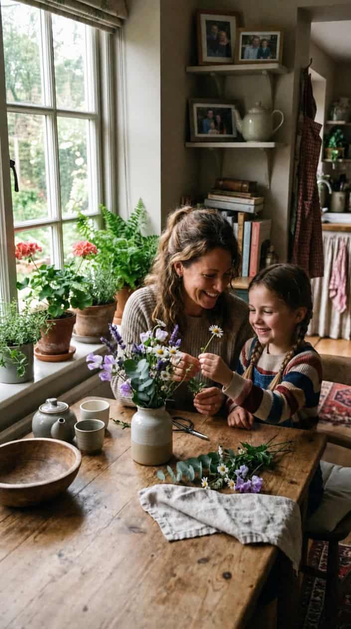 A mother and daughter at a kitchen table in a lived-in home, one leaning on her hand and looking toward the other, the scene quiet and unhurried.