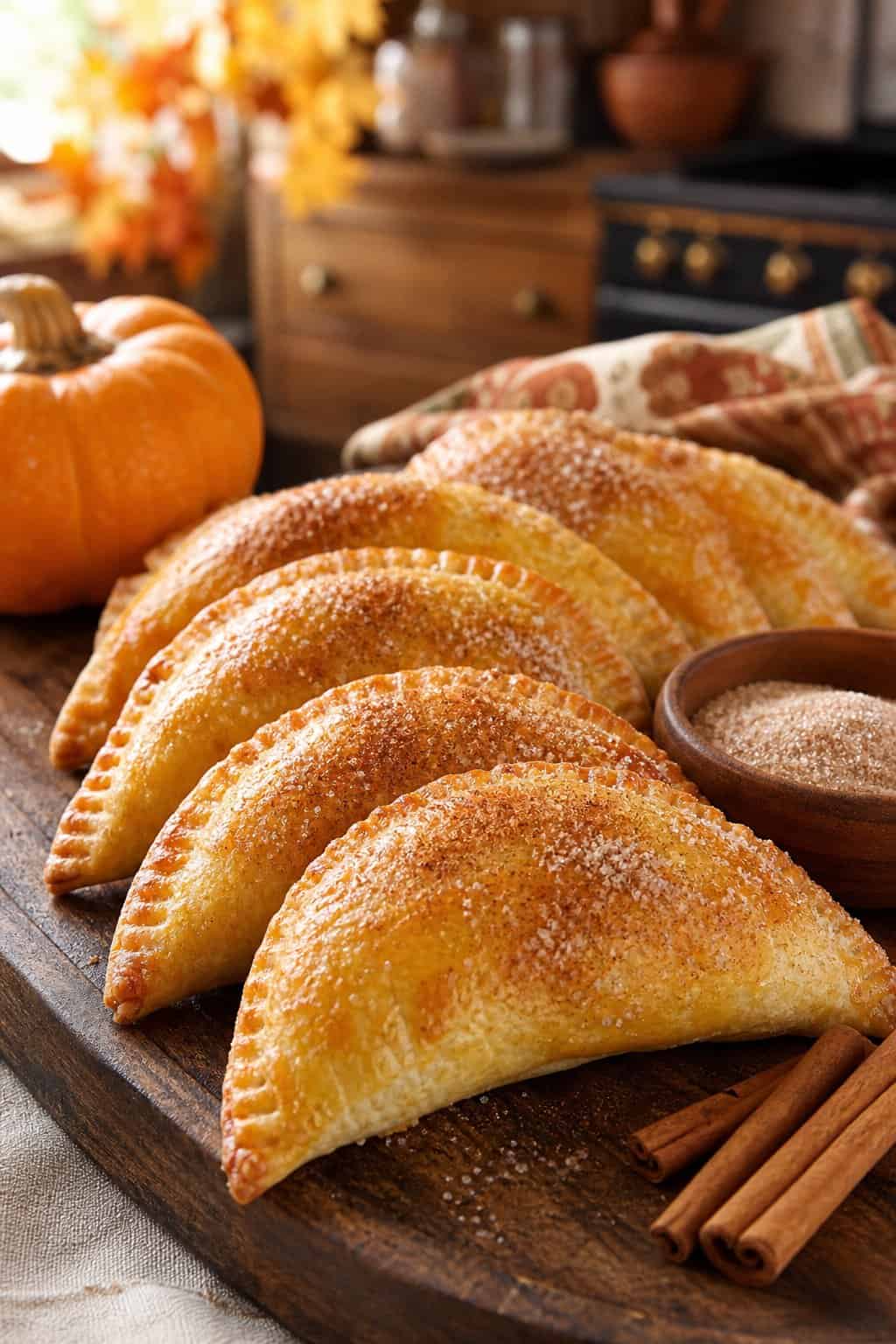 A wooden board with golden pumpkin empanadas dusted with cinnamon sugar, a bowl of cinnamon sugar, cinnamon sticks, and a small pumpkin in a warm kitchen setting.