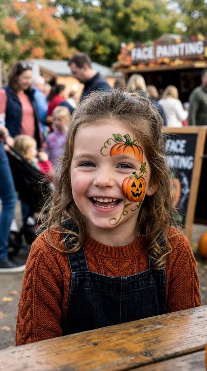 A smiling child with a pumpkin face painting on their chin.