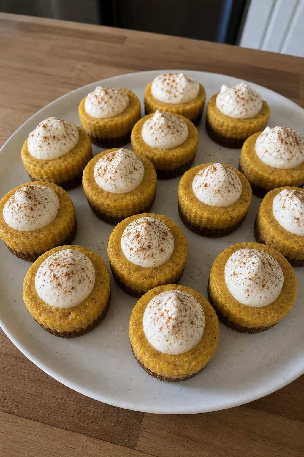 A platter of pumpkin spice mini cheesecakes topped with whipped cream and cinnamon, arranged on a wooden table with autumn decorations in the background.