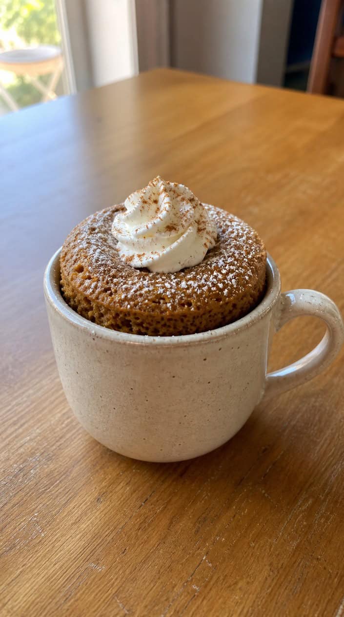 A round ceramic mug with a lightly domed pumpkin-orange mug cake inside, sitting on a wood table surrounded by two small sugar pumpkins, two cinnamon sticks, and a few dried autumn leaves arranged loosely around the base.