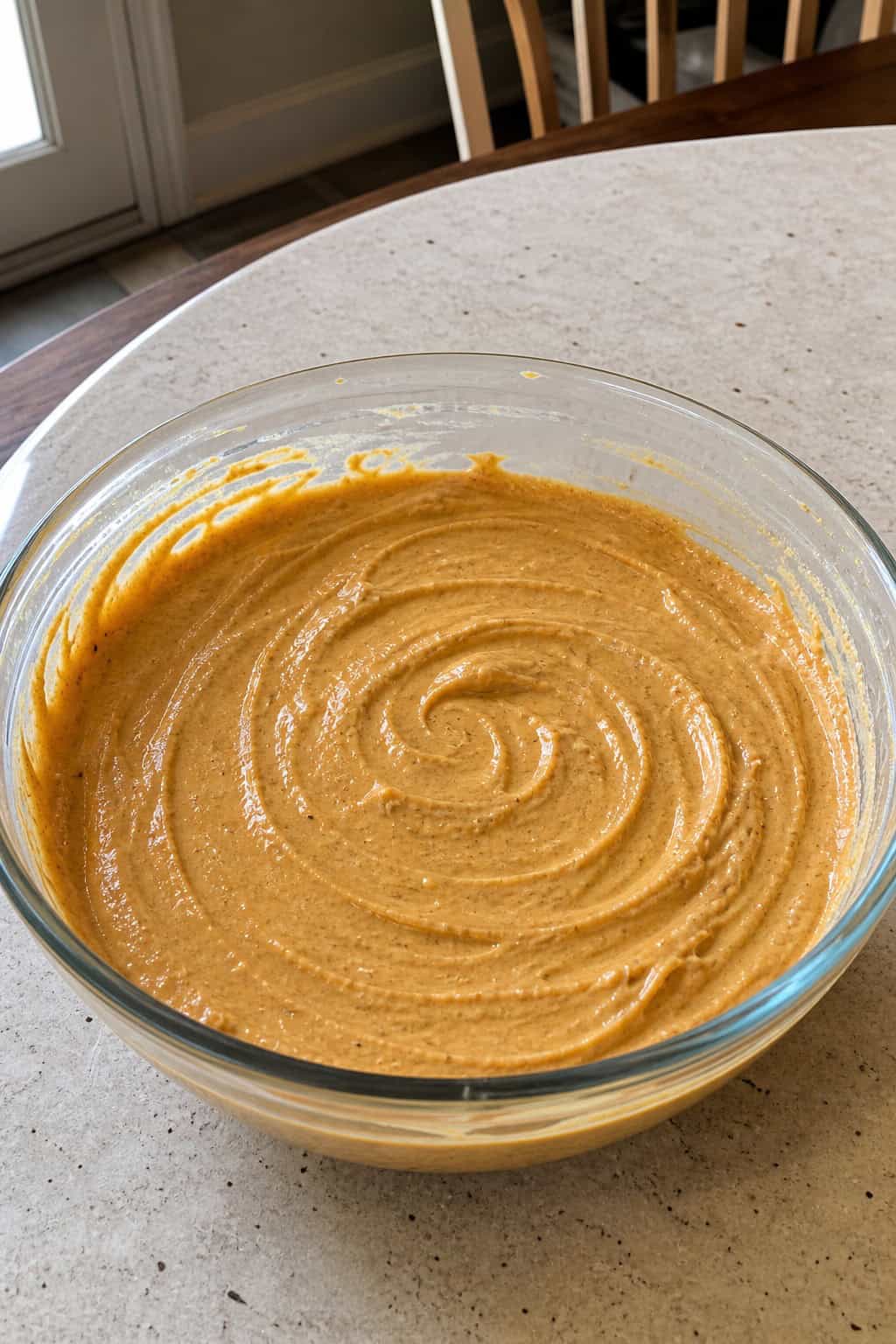 A bowl of creamy pumpkin spice cheesecake filling surrounded by autumn spices and small pumpkins on a wooden table.