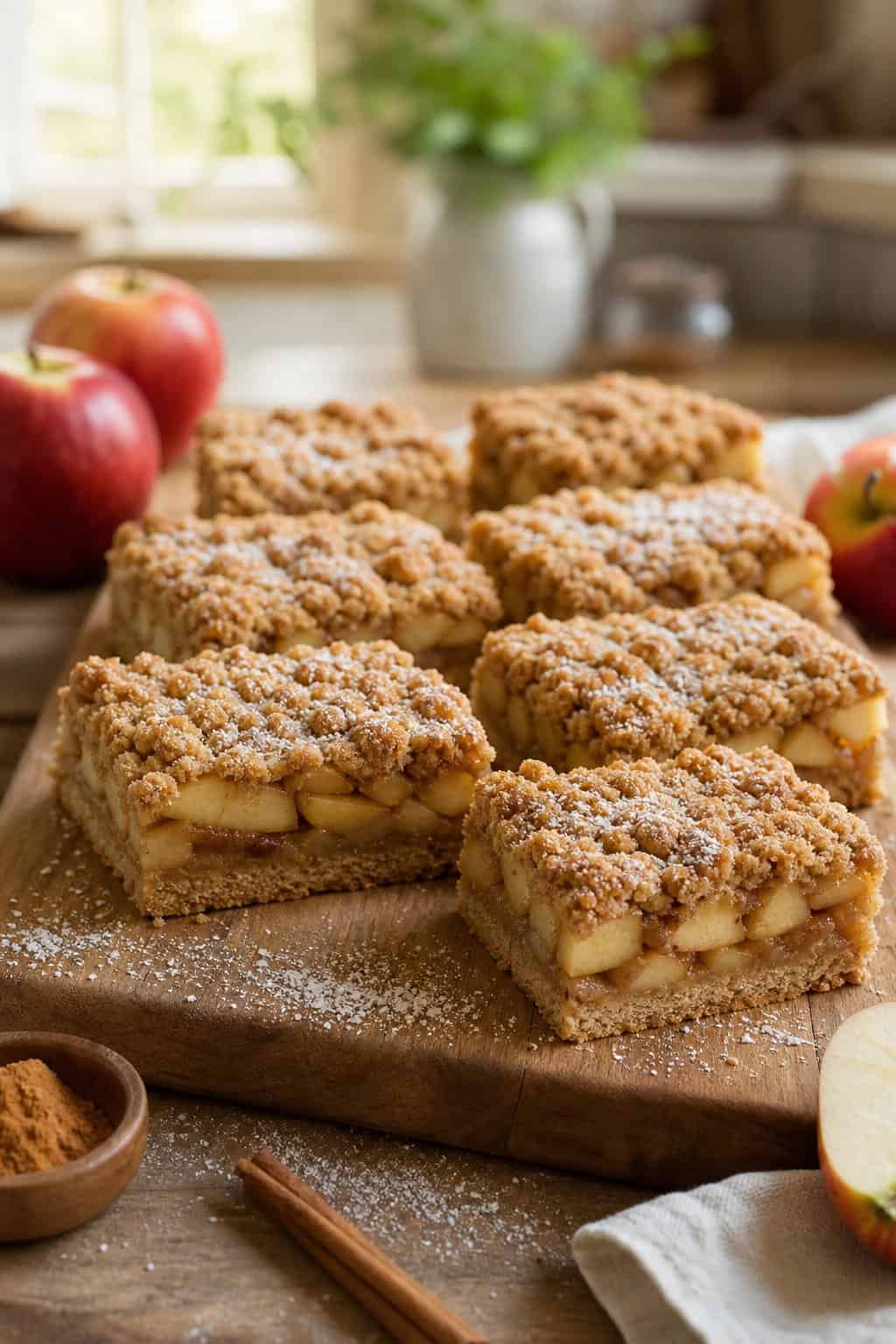Freshly baked apple crumb bars on a wooden board with apples and cinnamon nearby in a warm kitchen setting.