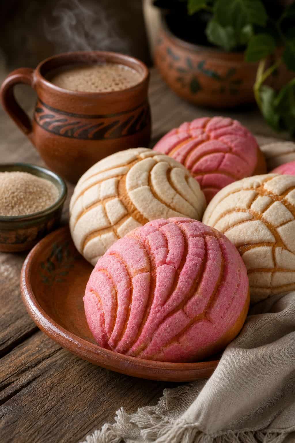 Close-up of freshly baked Mexican concha sweet buns with a cup of hot chocolate on a wooden table.