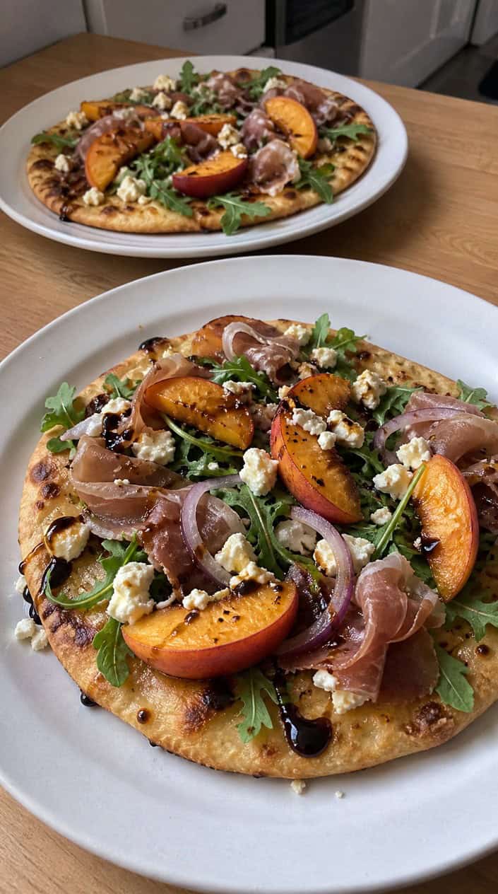 Flatbreads topped with peach slices, prosciutto, and arugula on naan bread arranged on a wooden board with fresh peaches and herbs nearby.
