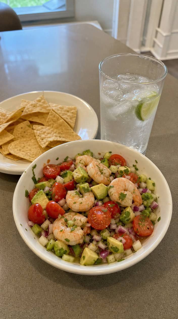 A white ceramic bowl filled with bright pink shrimp ceviche studded with diced red tomato, white onion, green cilantro, and chunks of avocado, surrounded by a ring of golden tortilla chips on a wooden surface.